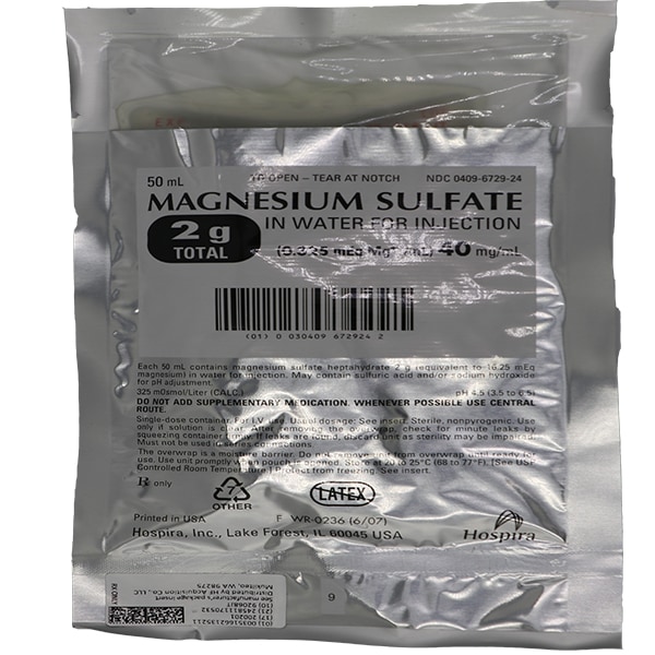 Magnesium Sulfate In Water for Injection (0.325 Meq mg"/mL) 40mg/mL 2G total 50mL bag